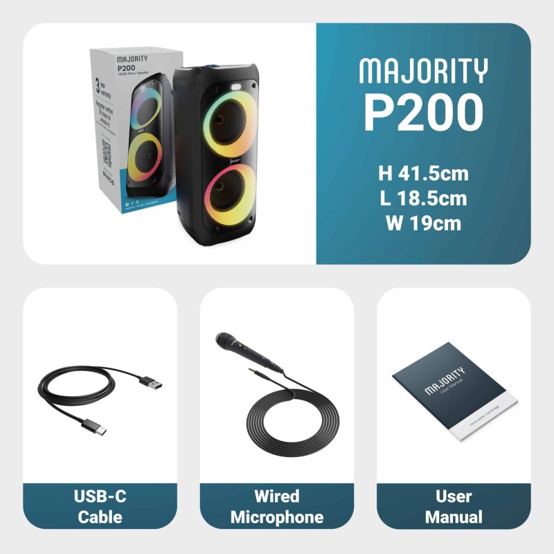 Majority Speakers Portable Karaoke - P200 - 100W Wire Mic BT USB RGB UK — Buy in Cyprus with Fast Delivery
