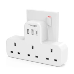 Tessan 3-Gang plug Through UK Charger 2 USB A USB C 13A - TS-223-C - 3-Gang plug Through UK Charger 2 USB A USB C 13A