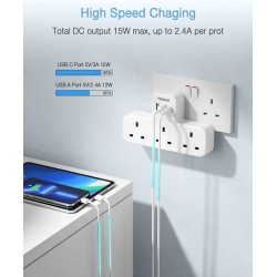 Tessan 3-Gang plug Through UK Charger 2 USB A USB C 13A - TS-223-C - 3-Gang plug Through UK Charger 2 USB A USB C 13A