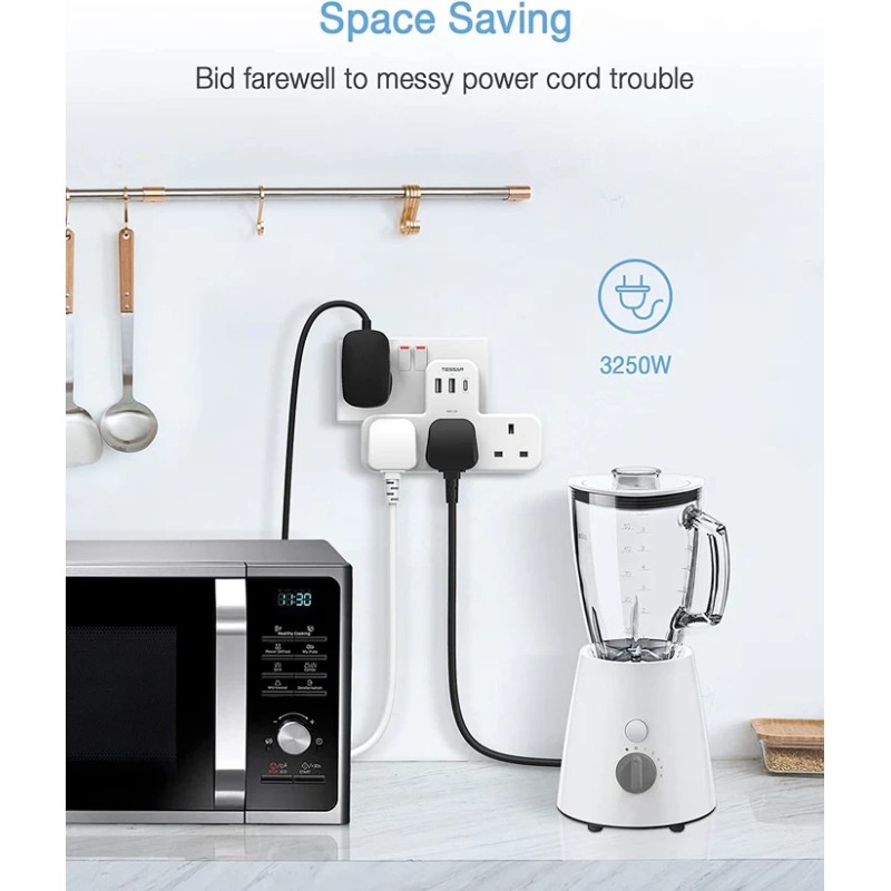 Tessan 3-Gang plug Through UK Charger 2 USB A USB C 13A - TS-223-C - 3-Gang plug Through UK Charger 2 USB A USB C 13A