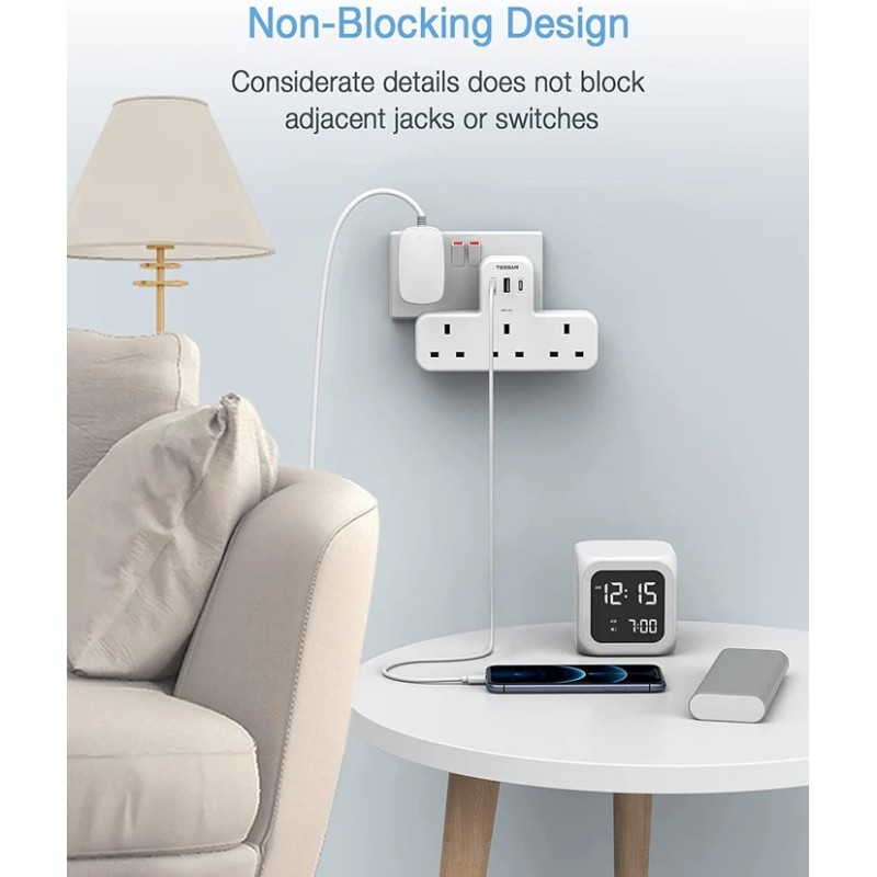 Tessan 3-Gang plug Through UK Charger 2 USB A USB C 13A - TS-223-C - 3-Gang plug Through UK Charger 2 USB A USB C 13A