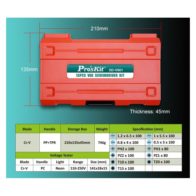 Proskit Screwdriver Insulated VDE Set of 13 pcs - SD-V861 - Proskit Screwdriver Insulated VDE Set of 13 pcs