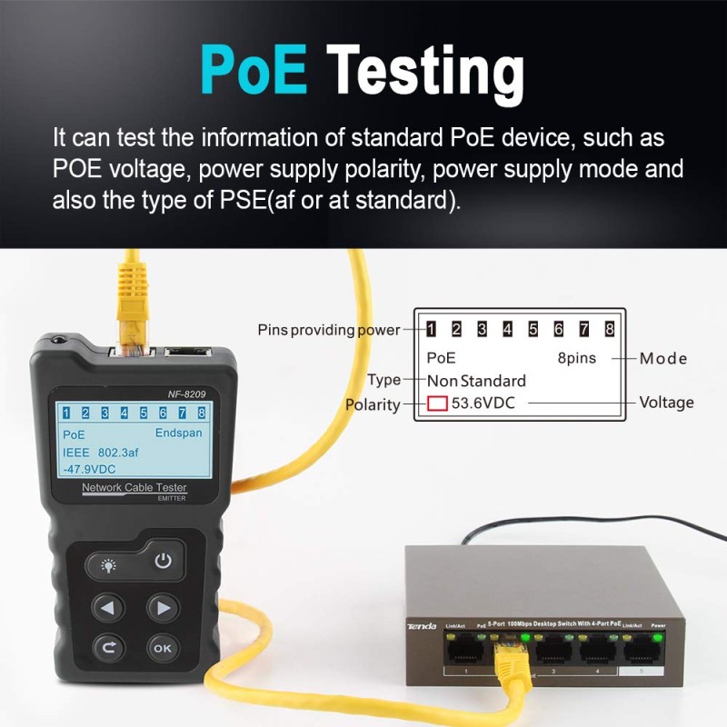 Noyafa Network Tester with LCD, Toner, Continuity, Cable Length, PoE, Port Blink - NF-8209 - Voltage Detection