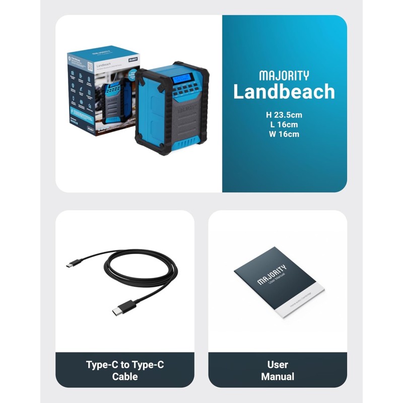 Majority LANDBEACH Portable Rugged Speaker - FM-BT IP65 Waterproof 20hr Battery with PowerBank function