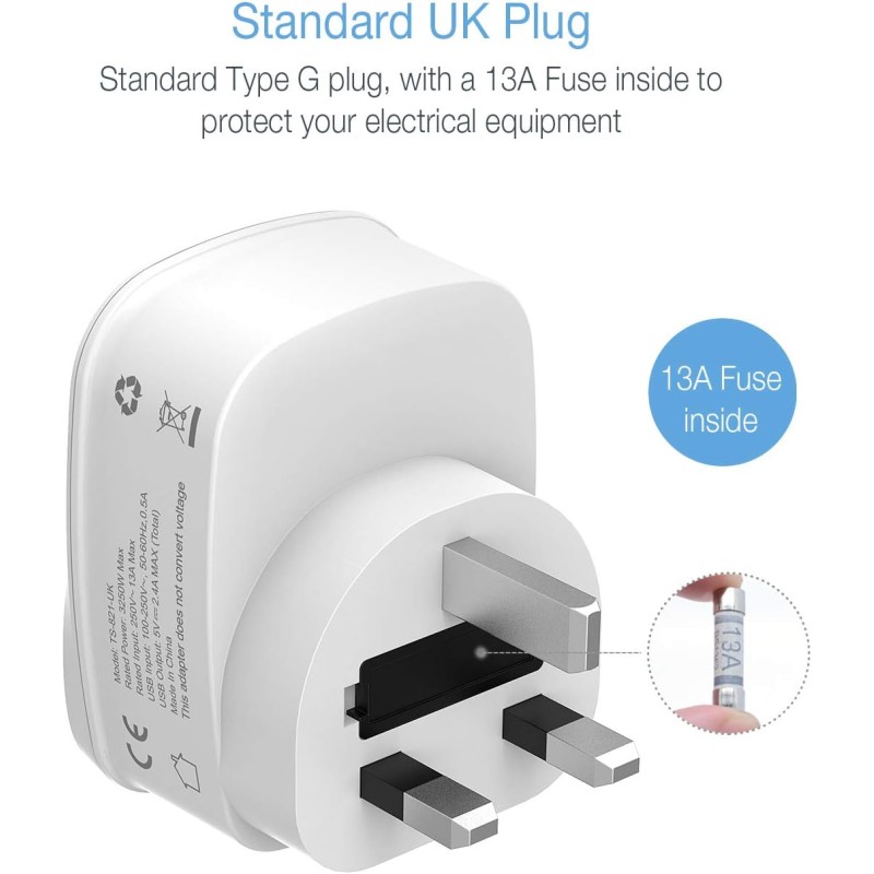 Tessan Gang Plug-Through UK Charger - TS-821-UK - 2 USB A 13A — Buy in Cyprus with Fast Delivery