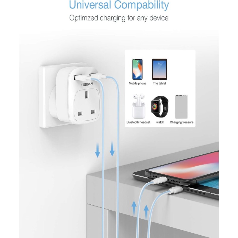 Tessan Gang Plug-Through UK Charger - TS-821-UK - 2 USB A 13A — Buy in Cyprus with Fast Delivery
