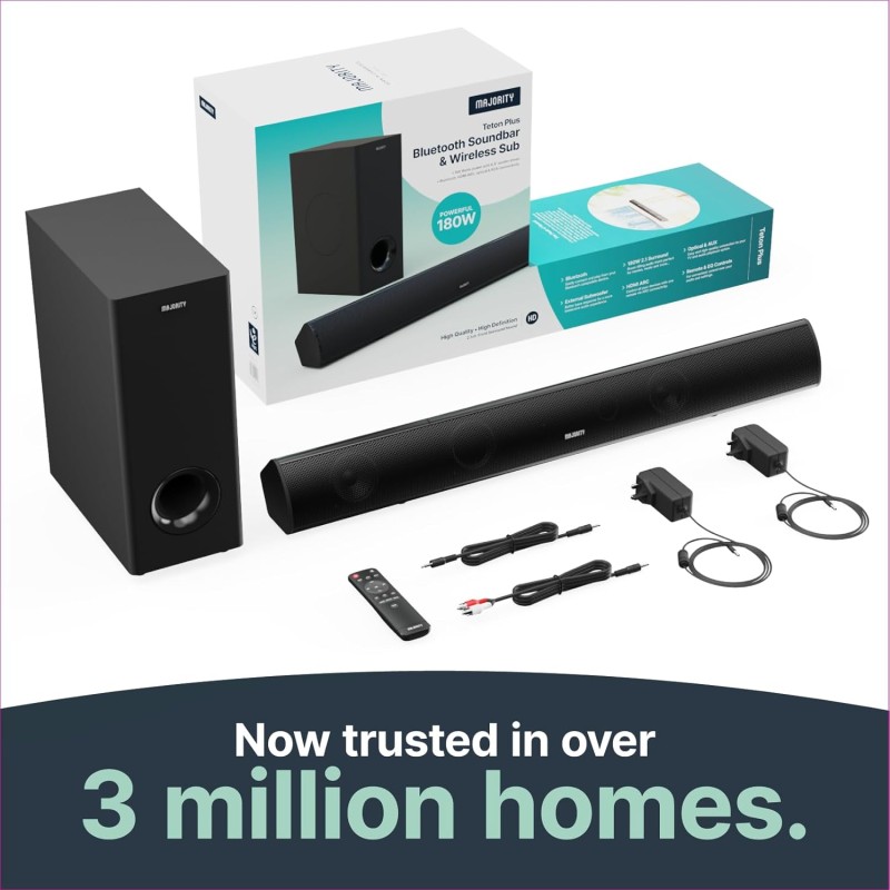 Majority Soundbar - TETON PLUS - 180W Wireless Subwoofer BT-USB-HDMI — Buy in Cyprus with Fast Delivery