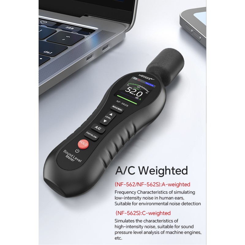 Noyafa Sound Level Meter - NF-562S - Dual A/C Weighting, Real-Time Alarm & Color LCD Display