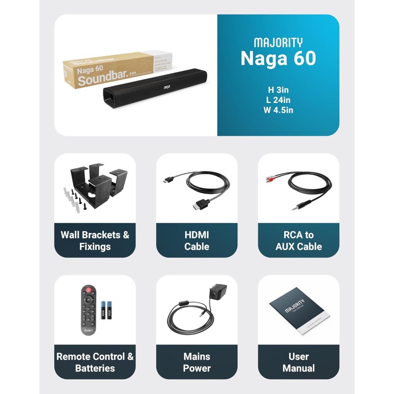 Majority Soundbar - NAGA60 - 120W 2.1 3D Sound Built-in Sub & Wall Mount — Buy in Cyprus with Fast Delivery
