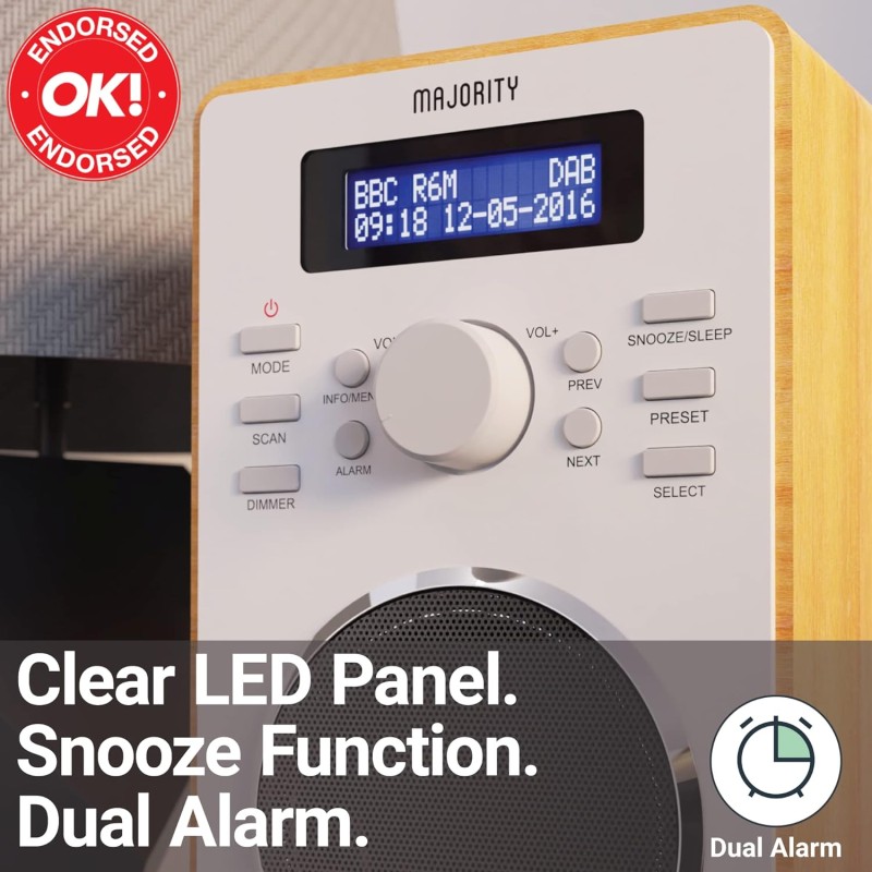 Majority BARTON Radio - Digital FM,LED Display,Dual Alarms,Snooze Oak — Buy in Cyprus with Fast Delivery