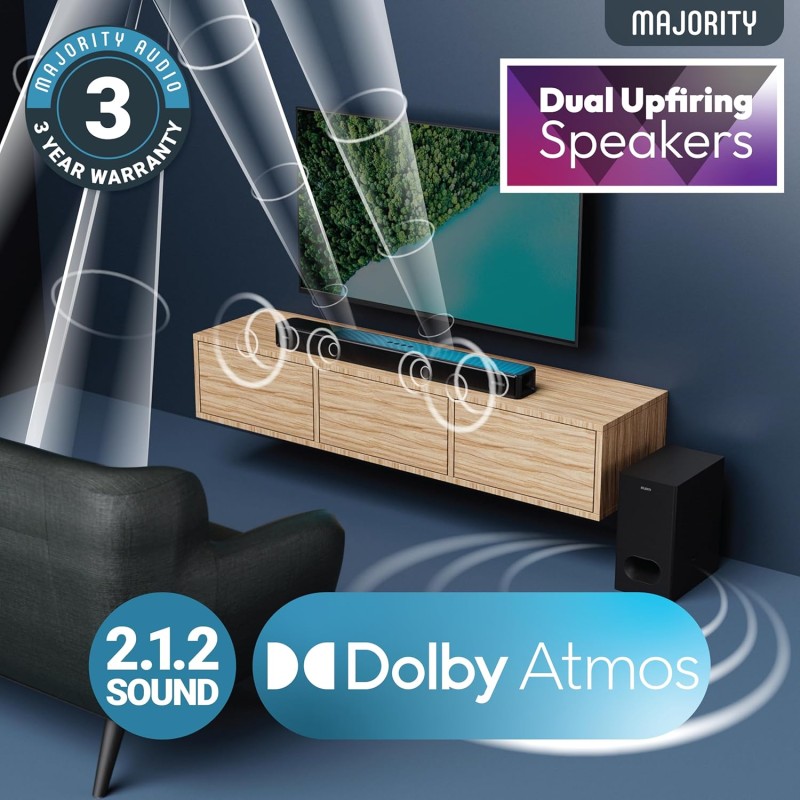 Majority SIERRA PLUS Soundbar - 400W 2.1.2 Dolby Atmos Wireless Subwoofer 3xHDMI BT-USB (UK)