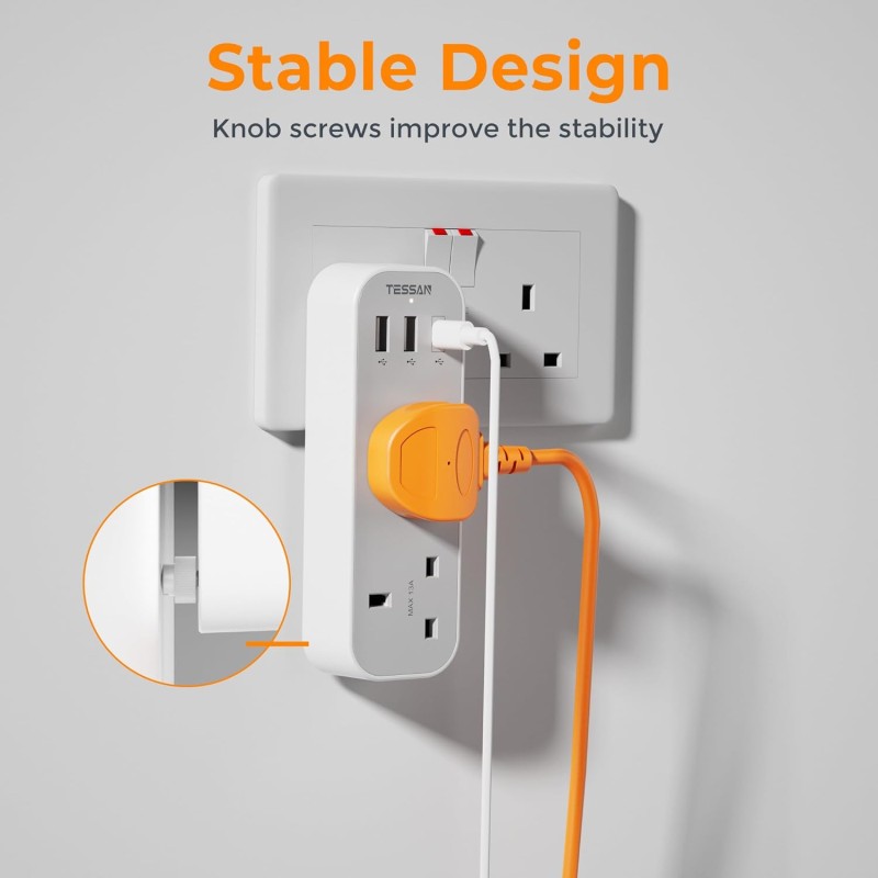 Tessan 2-Gang Plug Through UK Charger - TS-222-C - 2 USB A USB C 13A — Buy in Cyprus with Fast Delivery