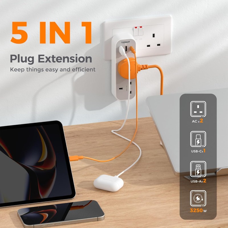 Tessan 2-Gang Plug Through UK Charger - TS-222-C - 2 USB A USB C 13A — Buy in Cyprus with Fast Delivery