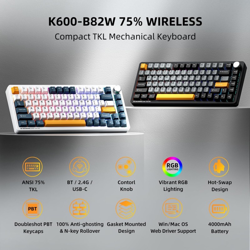 Machenike Keyboard - K600-B82W - Gasket Wireless BT Gaming Mechanical Keyboard Brown Switches