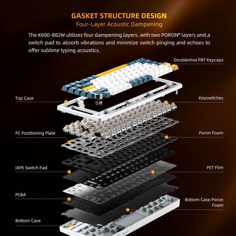 Machenike Keyboard - K600-B82W - Gasket Wireless BT Gaming Mechanical Keyboard Brown Switches