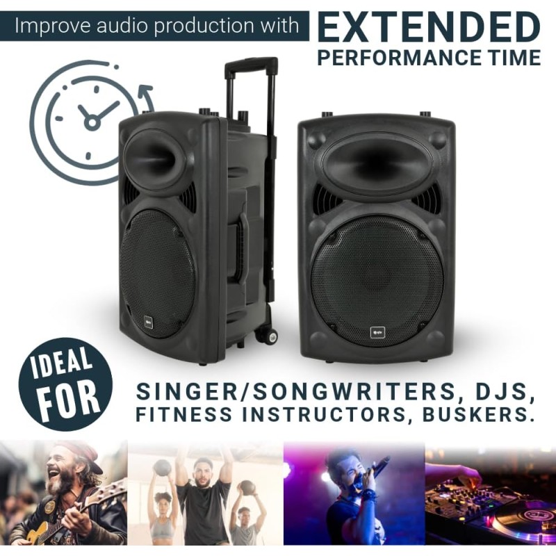 QTX QR12PA 12'' Professional Portable Karaoke & PA Speaker with 2x Wireless Microphones, Bluetooth USB & FM 178.847UK