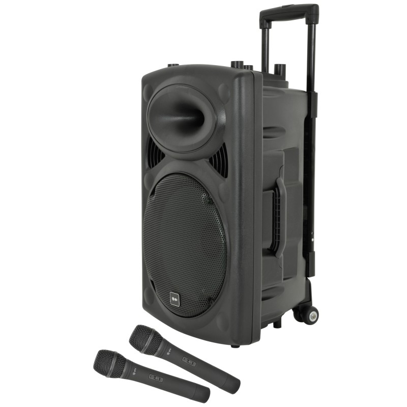 QTX QR12PA 12'' Professional Portable Karaoke & PA Speaker with 2x Wireless Microphones, Bluetooth USB & FM 178.847UK