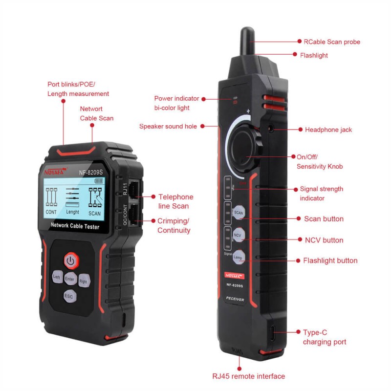 Noyafa Network Tester & Tracker - NF-8209S - with PoE, Cable Length, Port Flashing, NCV & Rechargeable Battery