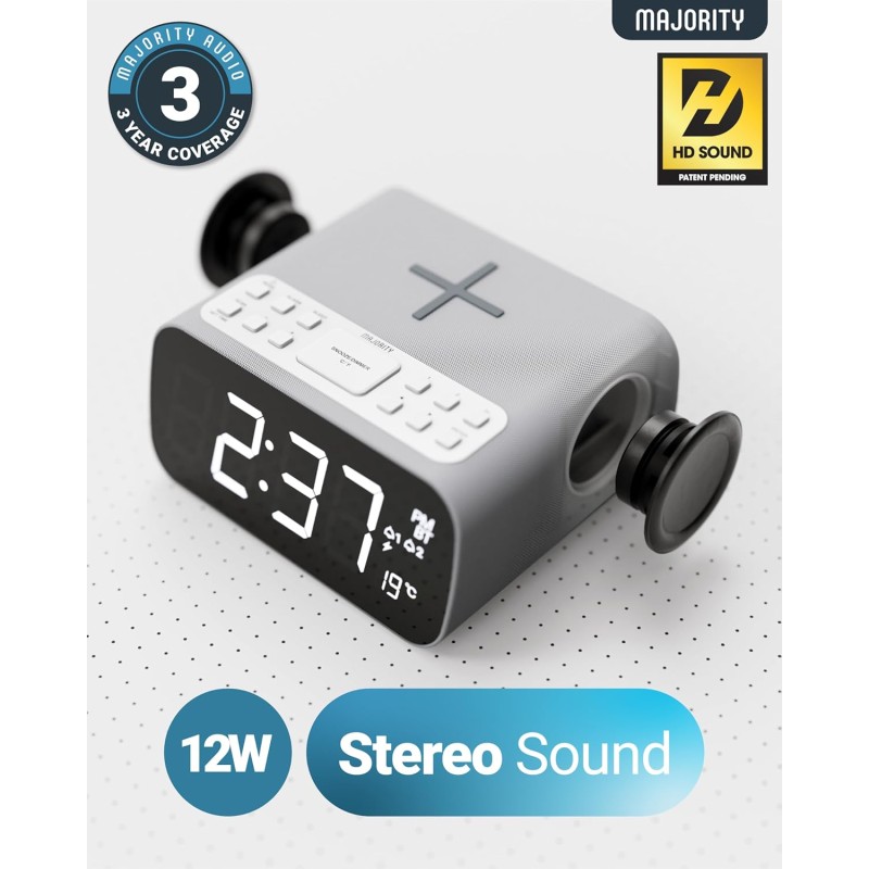 Majority Darwin Bedside Radio - Bedside Radio with Alarm Clock, Wireless Charger, FM, Bluetooth & LCD Screen with Tempereature