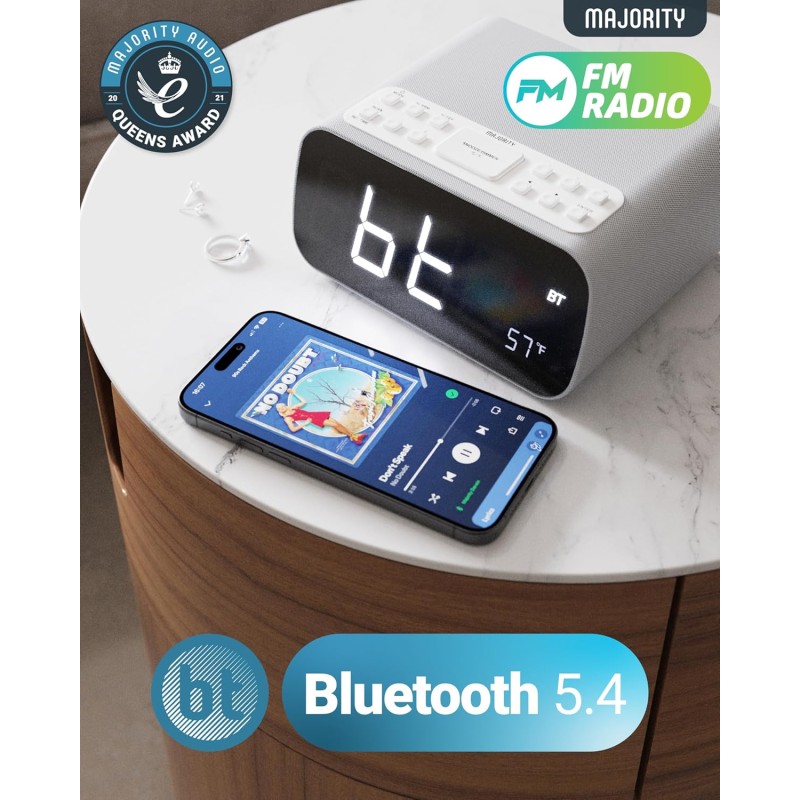 Majority Darwin Bedside Radio - Bedside Radio with Alarm Clock, Wireless Charger, FM, Bluetooth & LCD Screen with Tempereature