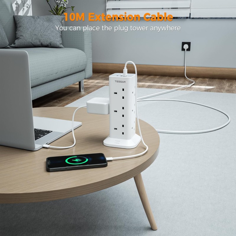 Tessan 12 Gang Extension 3 USB 2m 13A - TPS04-UK-C - 12 Gang Extension, 3 USB, 2m, 13A — Buy in Cyprus with Fast Delivery