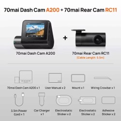 70mai Front & Rear Dash Cam w. Screen, Set with RC11 Rearview Camera - A200-1 - 1080P 60FPS 130FOV 500m
