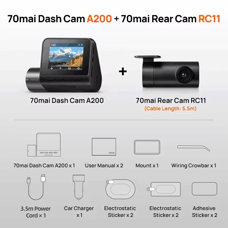 70mai Front & Rear Dash Cam w. Screen, Set with RC11 Rearview Camera - A200-1 - 1080P 60FPS 130FOV 500m