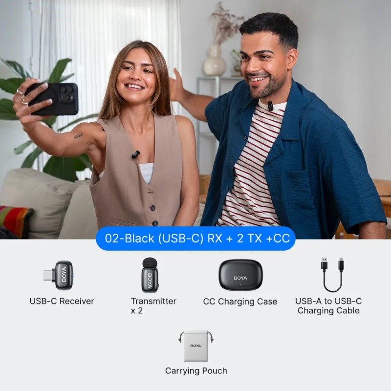 BOYA Type-C Wireless AI-ANC Mic - mini 2 - 2.4GHz, 2mic, w/ Charging Box Mono stereo safety-track