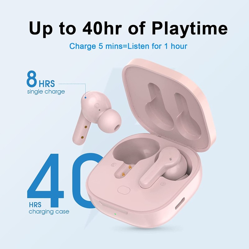 QCY Earbuds - T13 - TWS Pink Dual Driver 4-mic Noise Cancel True Wireless Earbuds - Quick Charge 380mAh