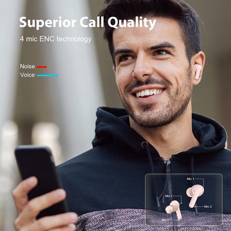 QCY Earbuds - T13 - TWS Pink Dual Driver 4-mic Noise Cancel True Wireless Earbuds - Quick Charge 380mAh