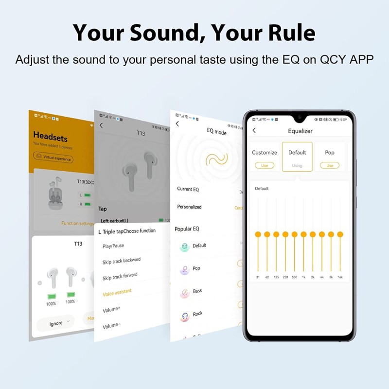 QCY Earbuds - T13 - TWS Pink Dual Driver 4-mic Noise Cancel True Wireless Earbuds - Quick Charge 380mAh