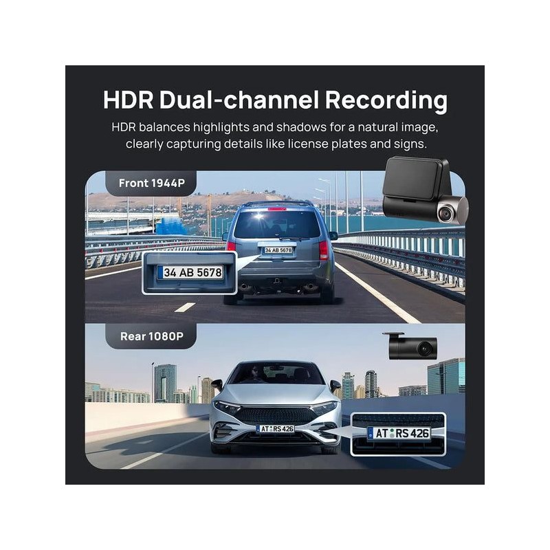 70mai Dash Cam - A510-1 - Front & Rear Dash Cam with Screen RC11 Rearview Cam - 1600p, 3k pic, Loop rec