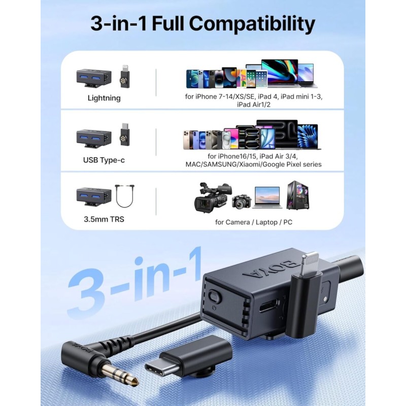 BOYALINK Wireless Microphone - 3 - Type-C, Lightning & 3.5mm AI-Powered Button Wireless Microphone 2 TX + 1 RX + charging case