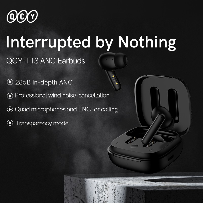 QCY ANC Black - T13 - TWS 10mm Dynamic Driver, 4-mic 28dB ANC, Bluetooth 5.3, 7hr-30hr, 75ms latency