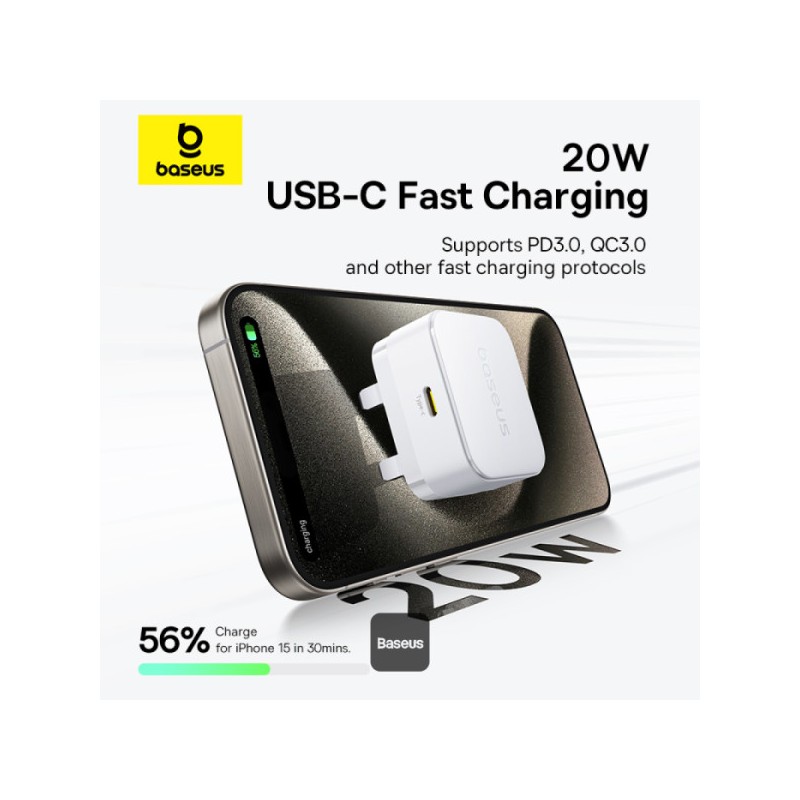 Baseus Wall Charger - 20W USB-C PALM Series UK White — Buy in Cyprus with Fast Delivery