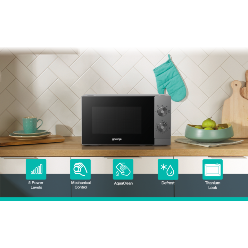 Gorenje Kitchen Microwave Oven - MO20E1T4 - 700W 20L 5 Programs Manual Knots Titanium — Buy in Cyprus with Fast Delivery