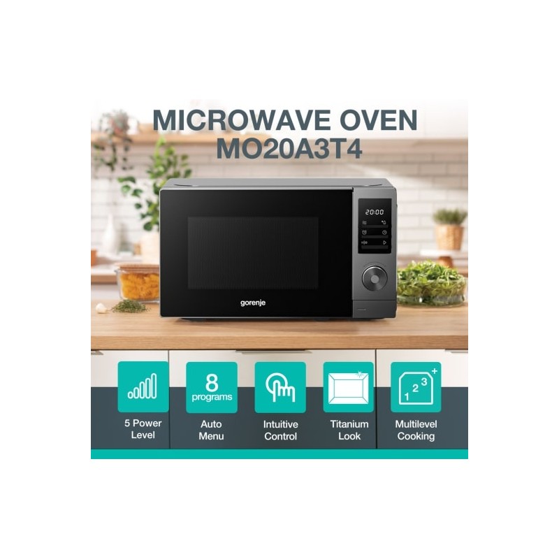 Gorenje Kitchen Microwave Oven - MO20A3T4 - 700W 20L 8 Programs Digital Screen Titanium — Buy in Cyprus with Fast Delivery