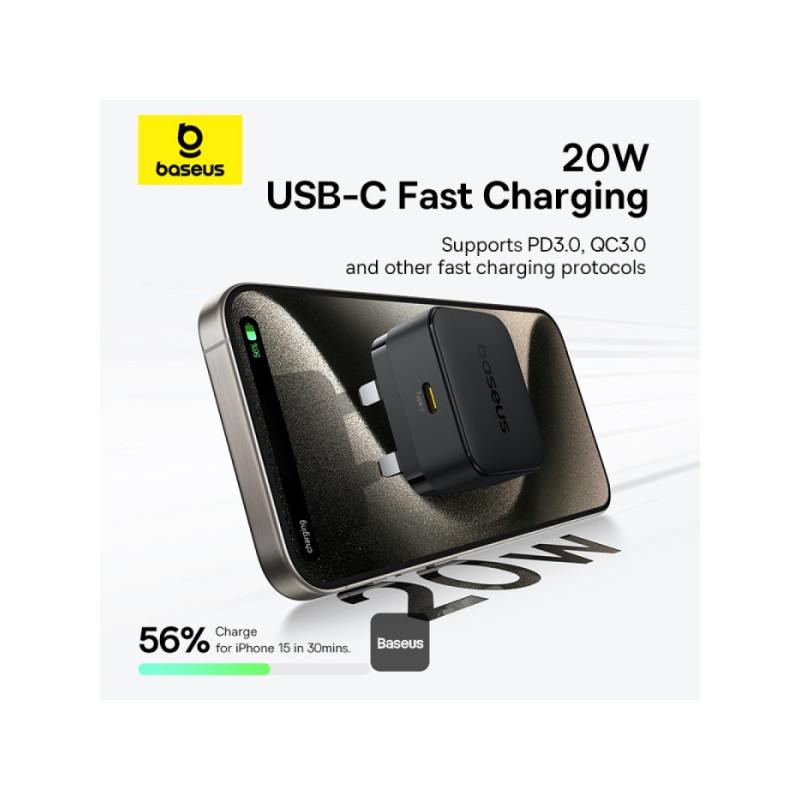 Baseus Charger - Wall 20W USB-C PALM Series UK Black — Buy in Cyprus with Fast Delivery