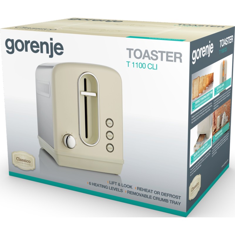 Gorenje Kitchen Toaster - T1100CLI - 850W 2 Slots 6 Heating Levels Ivory Metal — Buy in Cyprus with Fast Delivery