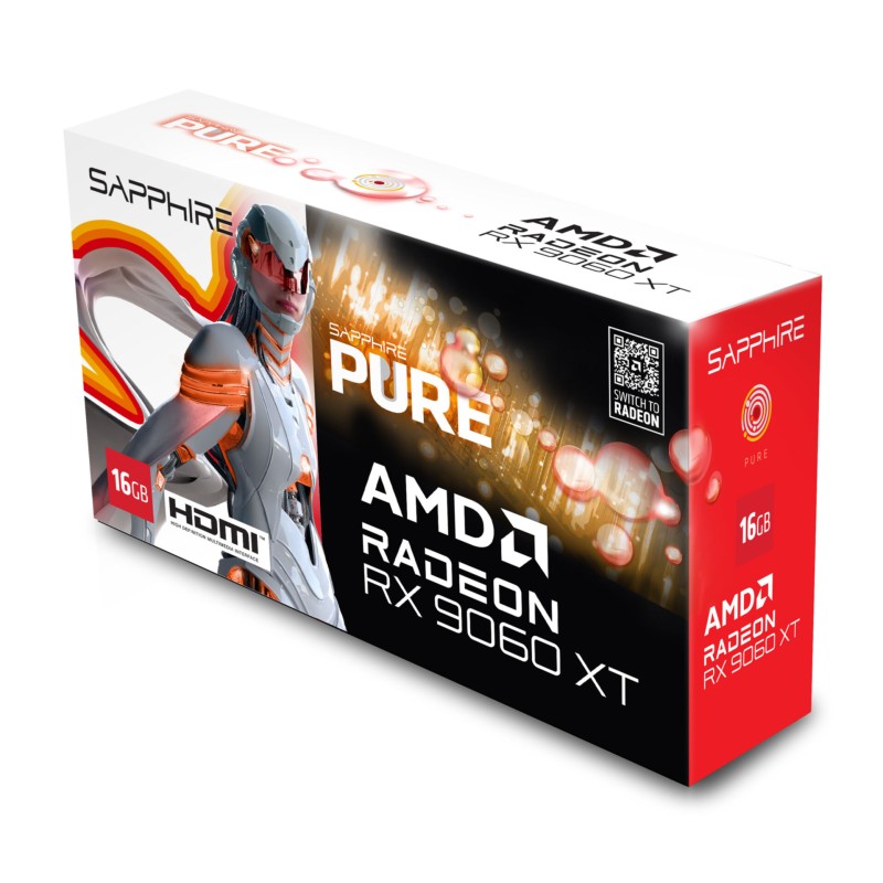 SAPPHIRE PURE Radeon RX 9060 XT - 16GB GDDR6 White - 3290 MHz Boost, PCIe 5.0, Dual-X Dual-Fan