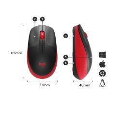 Logitech M190 Wireless Mouse - 910-005908 - Red, Ambidextrous, 1000 DPI, 2.4 GHz Nano Receiver