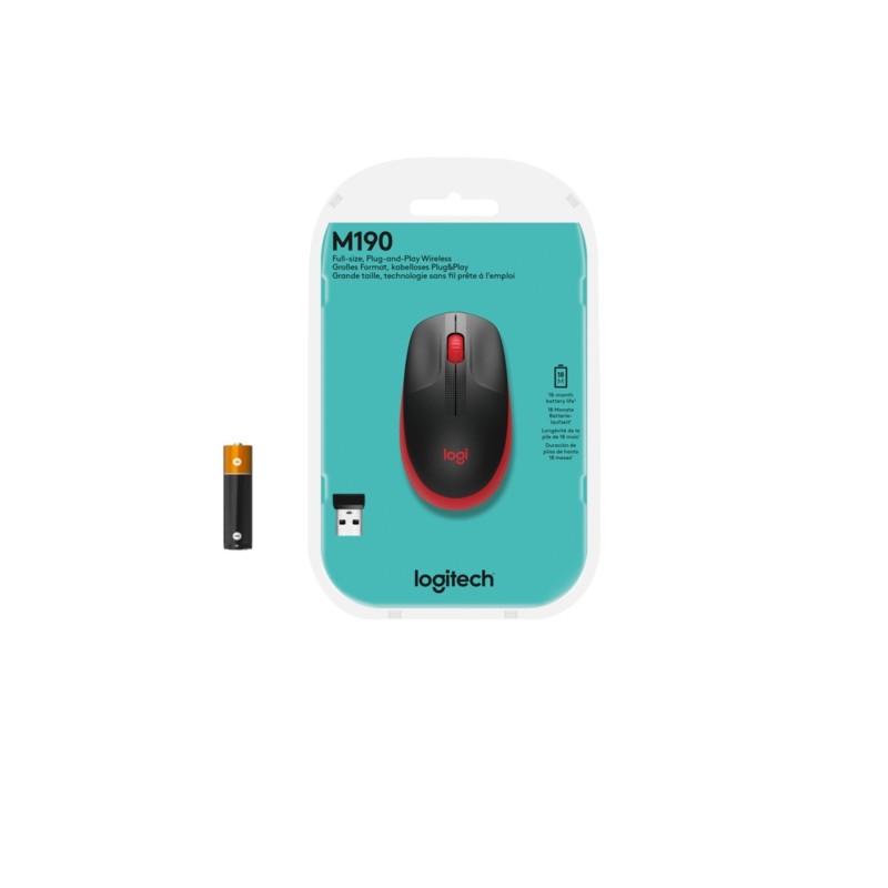 Logitech M190 Wireless Mouse - 910-005908 - Red, Ambidextrous, 1000 DPI, 2.4 GHz Nano Receiver