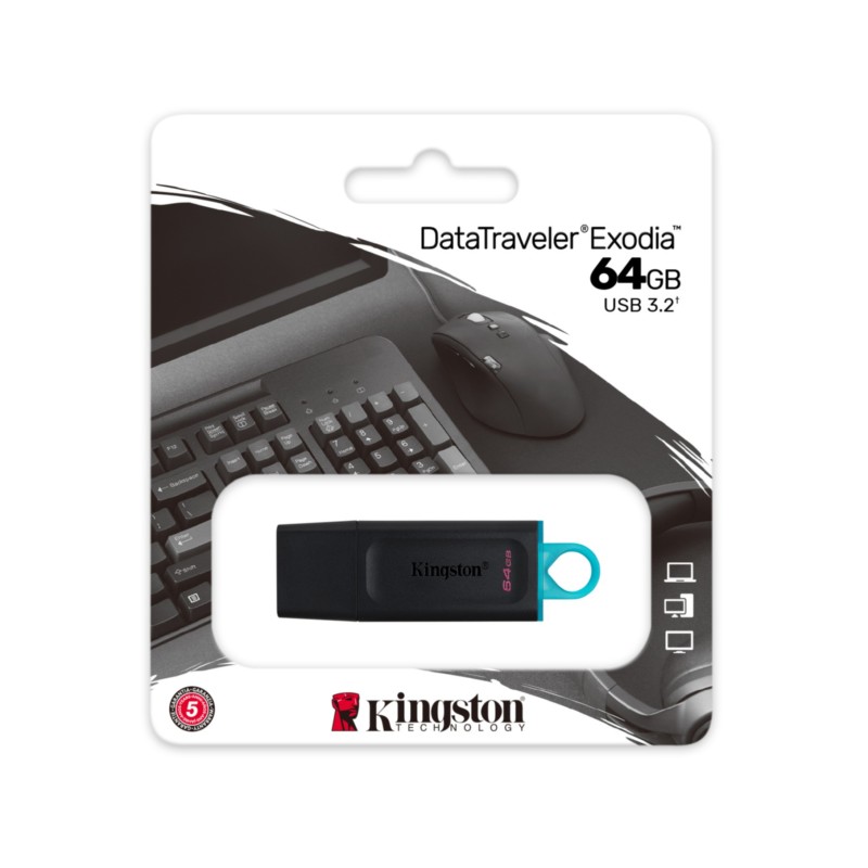 Kingston DataTraveler Exodia DTX - 64GB USB 3.2 Gen 1 Flash Drive - Black/Turquoise, USB-A, Key Ring
