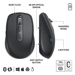 Logitech MX Anywhere 3S for Business - 910-006958 - Wireless Compact Mouse, Graphite, 8000 DPI, USB-C Rechargeable