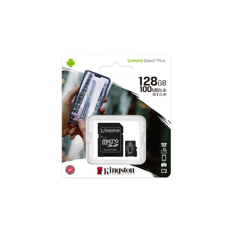 Kingston Canvas Select Plus MicroSDXC SDCS2 - 128GB, UHS-I U1 (V10), 100MB/s, Black, with SD Adapter