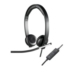 Logitech H650e Stereo Headset - 981-000519 - USB-A Wired, Black/Silver, On-ear, Noise-canceling Boom Mic