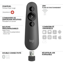 Logitech Wireless Laser Presenter R500s - 910-005843 - Graphite, 20 m Range, Red Laser, 3 Buttons