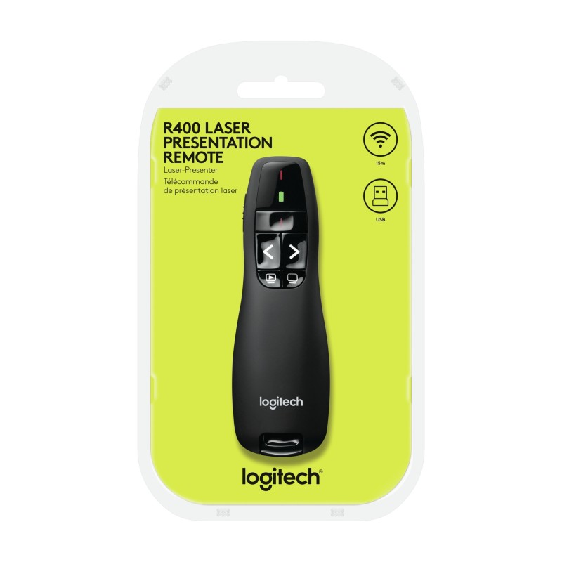 Logitech Wireless Presenter R400 - 910-001356 - Black, 2.4 GHz RF, Red Class 2 Laser, 15m Range, 5 Buttons