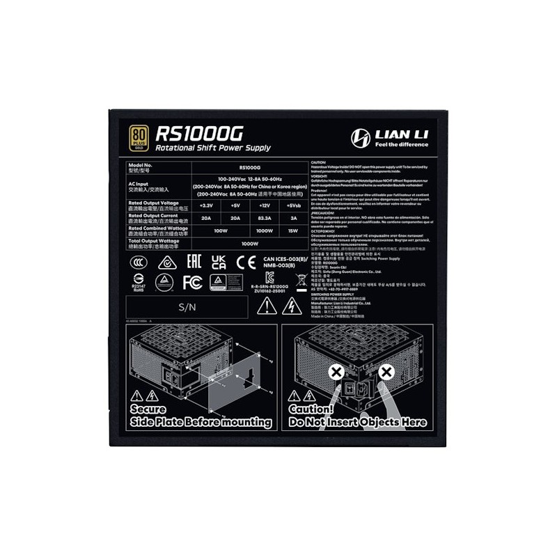 Lian Li RS1000G Black - 1000 Watt 80+ Gold PSU - 12V-2x6 Colored Cable - RS Hub - Fully Modular