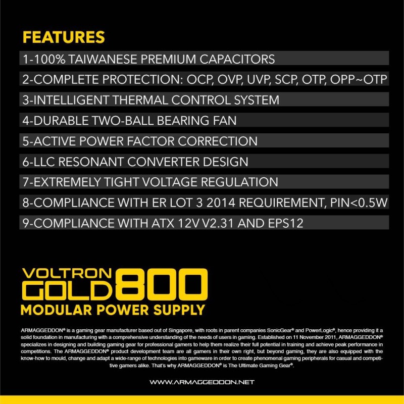 Armaggeddon VOLTRON GOLD 800 Gaming PSU 800W Modular & Certified 80+ Black — Buy in Cyprus with Fast Delivery